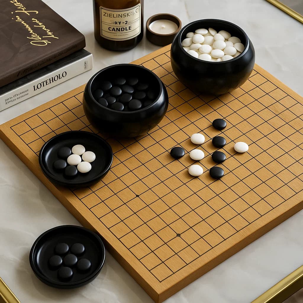 Go board with stones, bowls, and decorative items arranged on a light surface